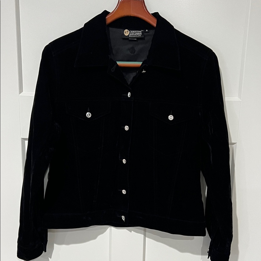 Vintage Christine Alexander Black Velvet Jacket Rhinestones Button size S - Picture 1 of 12